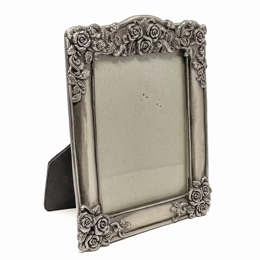 Vintage Art Nouveau Style Pewter Rose Picture Frame Ornate Floral 4x6
